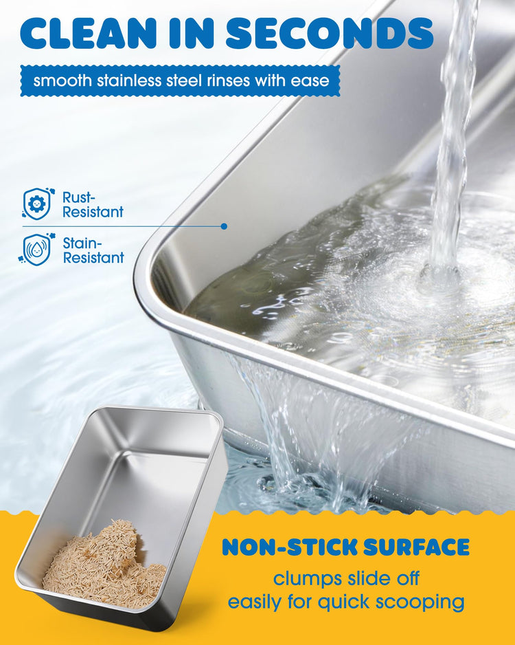 Powools Stainless Steel Cat Litter Box, Metal Litter Box with Scoop, High- Sided, Anti-Leakage Top Entry, Non-Sticky, Easy to Clean, Grey, M (1 Pack)