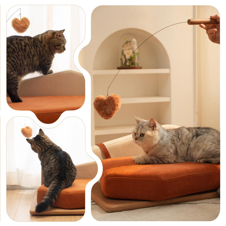 GDFStudio 27.6" Wooden Pet Bed for Cats and Dogs, Oak Veneer Frame with Washable Cushion, Scratch-Resistant Fabric, Elevated Pet Sofa Bed with Hanging Toy and Non-Slip Feet for Medium to Large Pets