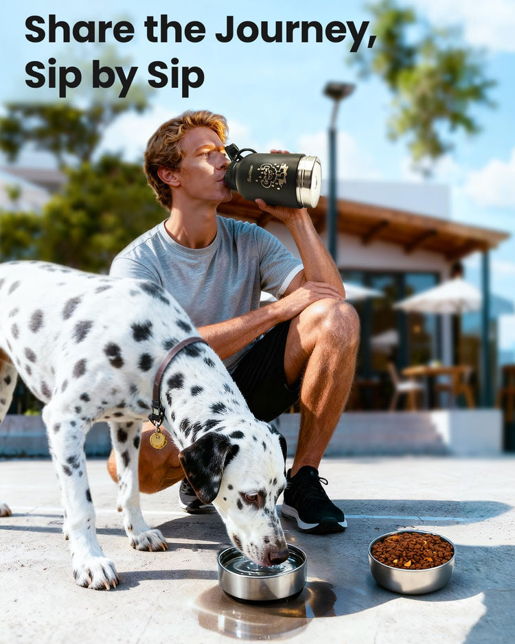 34oz Dog Water Bottle, Stainless Steel Dog Water Bottle Dispenser with Detachable Food & Water Bowls, Keeps Water Hot/Cold, for Walking, Hiking, Camping(Cream)