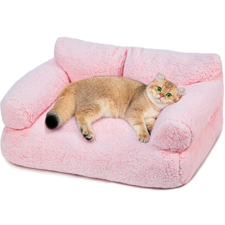 Large Cat Beds for Indoor Cats, Dog Couch Bed, Cute Cat Couch Sofas for Less 20lbs Kitten Puppy, Small Dog Sofas & Chairs with Removable Washable Cover, Soft Warm Pet Furniture, Cream