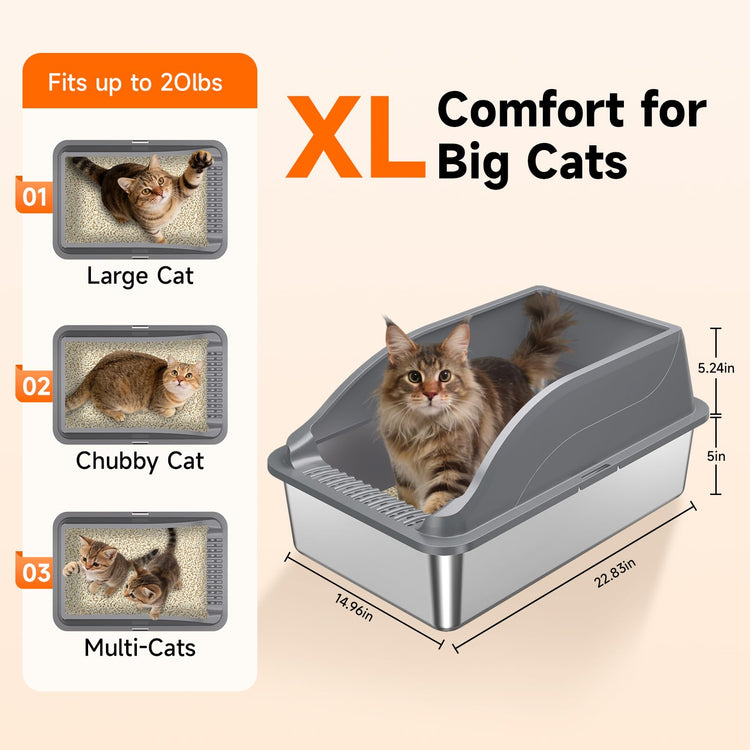 2PACK Stainless Steel Cat Litter Boxes, XL Large Metal Litter Box with High Sides Lid, Odor Free Litter Pan Include Scoop Easy Cleaning Anti-Scratch Kitty Cat Box Anti-Urine Leakage, Non-Sticky