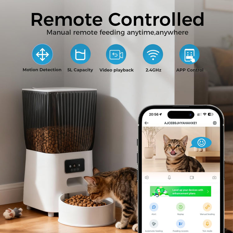 Automatic Cat Feeder with Camera, 5L Smart Dog Food Dispenser with App Control, 1080P Night Vision, Two-Way Audio. 22 Cups Large Hopper, Motion Detection, Timer (5L Single Bowl)