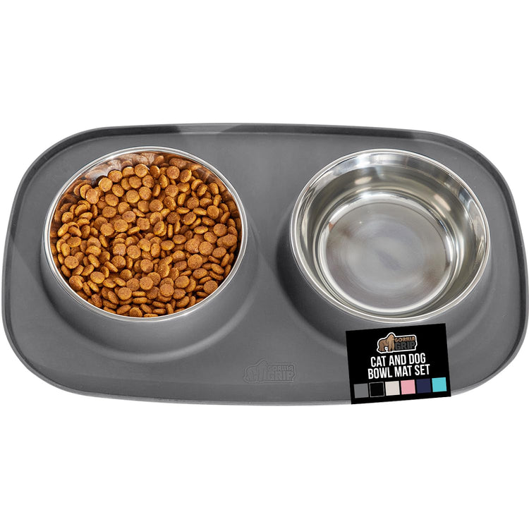 GORILLA GRIP Feeding Mat Set, Patent Pending 100% Waterproof BPA Free Silicone, Stainless Steel Cat and Dog Bowls, Slip Resistant, 1 Black mat/tray with 2 stainless steel bowls