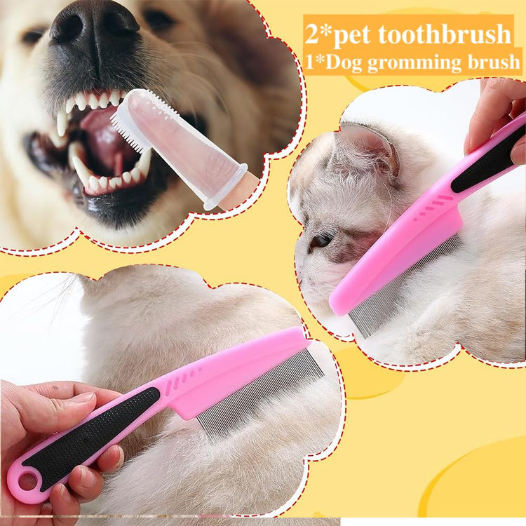 7pcs Pet Grooming Kit, Self-Cleaning Brush Shedding Kit with Nail Clipper, Flea Comb, Shampoo Bath Brush, Finger Toothbrush, Storage Bag (Blue)