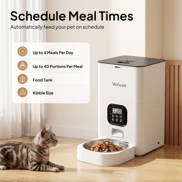 VOLUAS Automatic Cat Feeders - Timed Pet Feeder for Cats and Dogs with Dry Food Dispenser, Desiccant Bag, Programmable Portion Control, 4 Daily Meals, 10s Voice Recorder