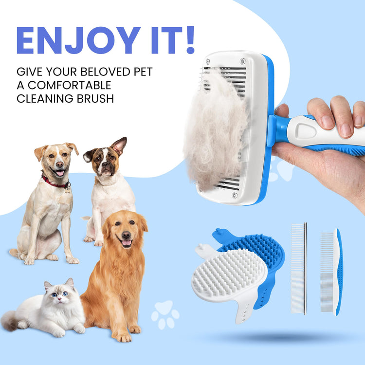 Self Cleaning Shedding Brush - 5-in-1 Professional Pet Grooming Kit Skin Friendly Grooming Tool for Dogs, Cats, and Puppies, Deshedding and Hair Removal for Long and Short Haired Pets, Blue