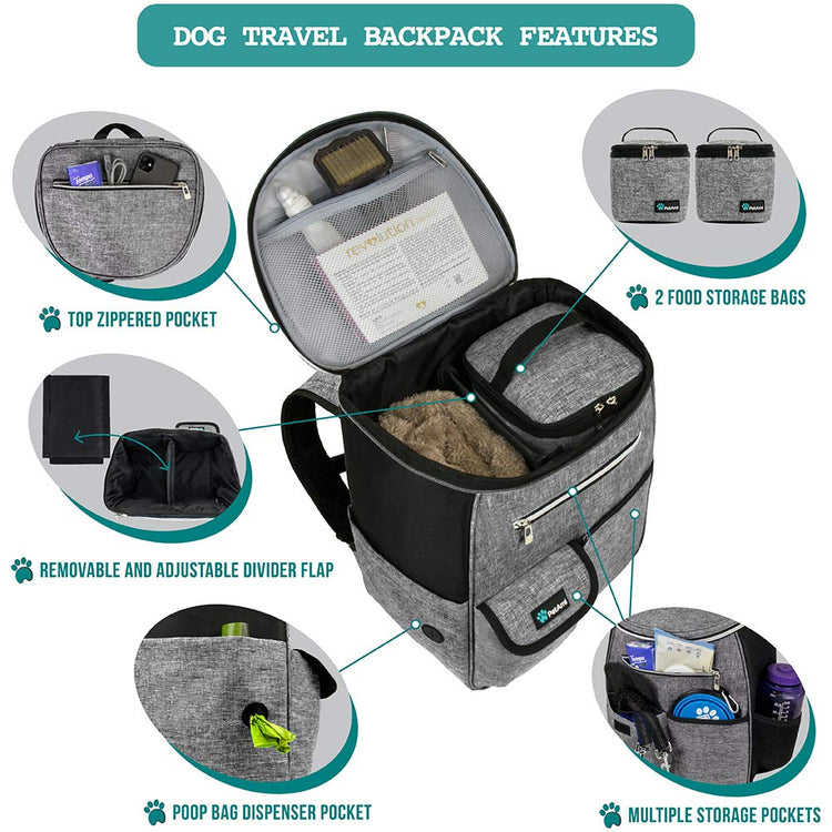 PetAmi Dog Travel Bag Backpack, Airline Approved Dog Bags for Traveling, Puppy Diaper Bag Supplies, Pet Camping Essentials Hiking Accessories Dog Mom Gift, Food Container, Collapsible Bowls, Gray