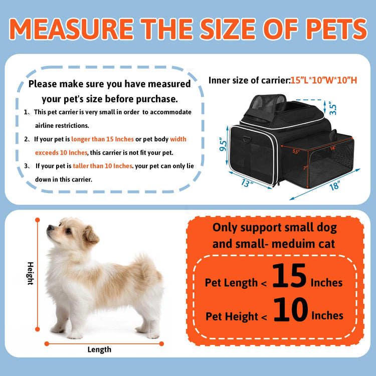 Petskd Top and Side Expandable Pet Carrier 18x11x11 Inches Delta United Airline Approved, Soft-Sided Carrier for Small Cats and Dogs with Locking Safety Zippers and Anti-Scratch Mesh(Black)