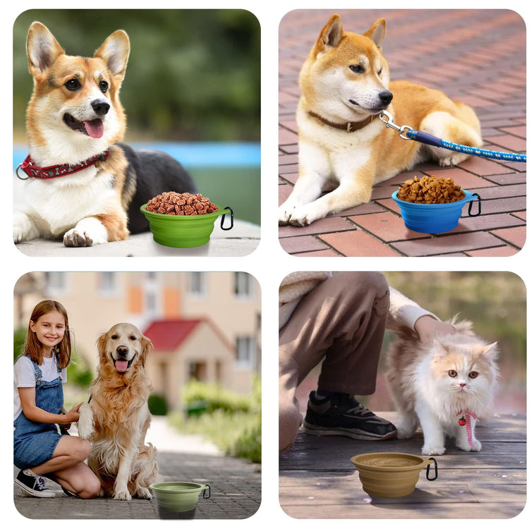 PetBonus 2-Pack Silicone Collapsible Dog Bowls, BPA Free Dishwasher Safe, Portable Foldable Expandable Travel Bowl, Food Water Feeding Cup Dish for Dogs Cats with 2 Carabiners (Turquoise, Tan)