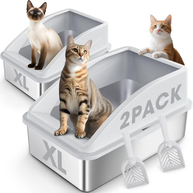 2 Pack Stainless Steel Litter Box for Kitty | Metal Kitty Litter Box with Lid High Sided for Small Cats or Injured Cats, Bunny Litter Boxes, Low Entry, Odor-Free, Non-Stick,Includes Scoop