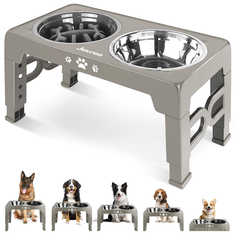 Jovrun Elevated Dog Bowls for Medium Large Size Dogs, Non-Slip Dog Feeder with 1*Stainless Steel Dishes & 1*Slow Feeder Bowl, 5 Heights Adjustable Raised Bowls to 3.15″-8.66″-9.84″-11.02″-12.2″