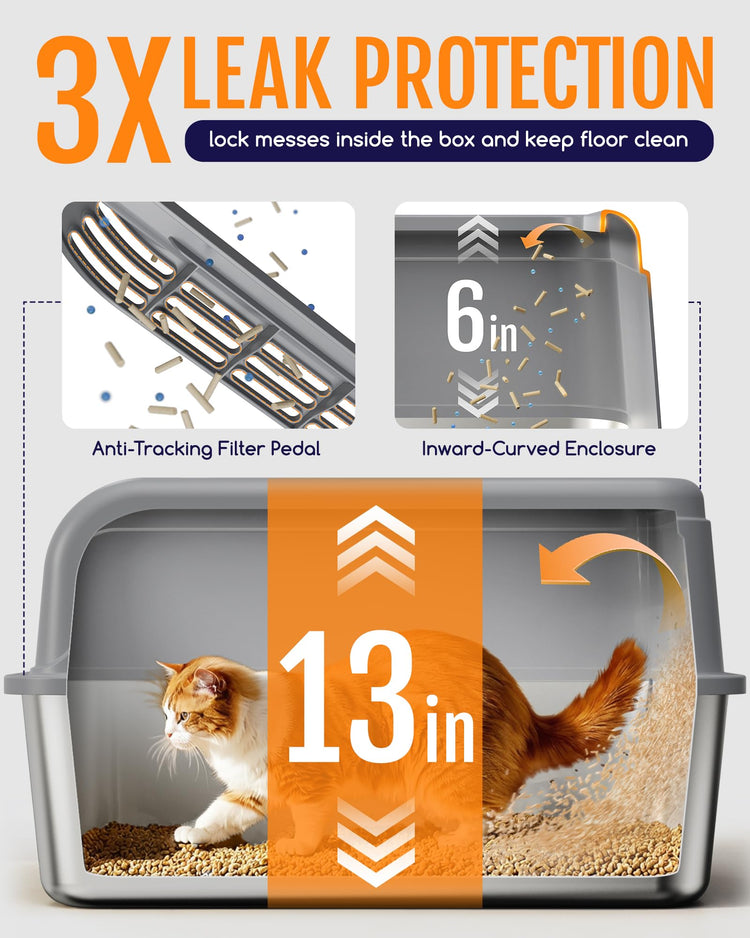 Powools Stainless Steel Cat Litter Box, Metal Litter Box with Scoop, High- Sided, Anti-Leakage Top Entry, Non-Sticky, Easy to Clean, Grey, M (1 Pack)