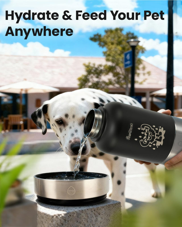 34oz Dog Water Bottle, Stainless Steel Dog Water Bottle Dispenser with Detachable Food & Water Bowls, Keeps Water Hot/Cold, for Walking, Hiking, Camping(Cream)