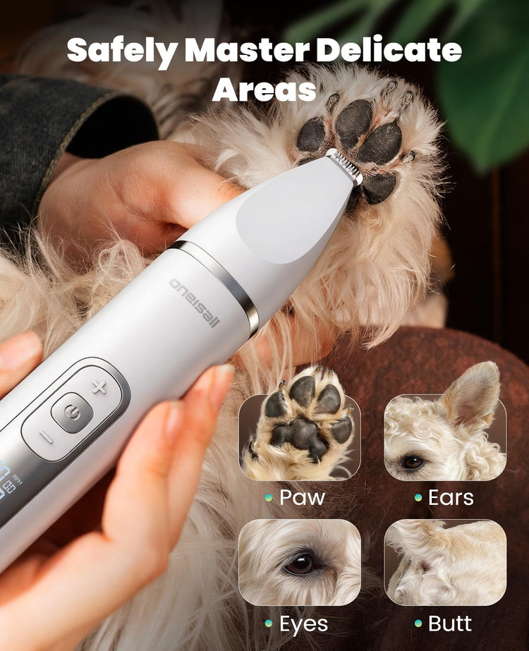 oneisall 4 in 1 Dog Grooming Kit with LCD Display, Dog Hair Trimmer for Paw Nail Grinder, Rechargeable Cordless Low Noise IPX7 Waterproof Pet Clippers