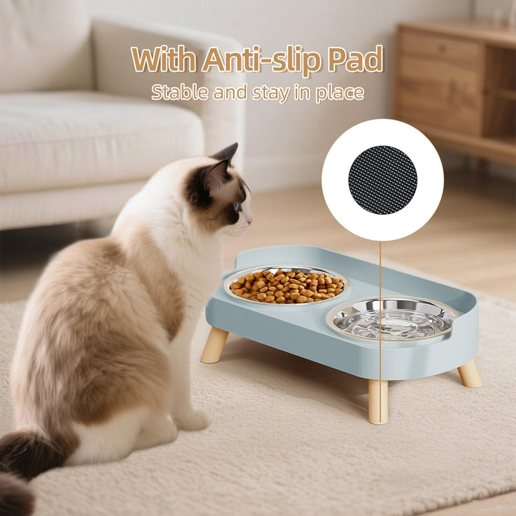 Elevated Cat Bowl, Raised Cat Food and Water Bowl Set for Indoor Cats, Splash Proof with 2 Stainless Steel Pet Food Bowls for Cats and Puppies, Whisker Fatigue and Dishwasher Safe - White