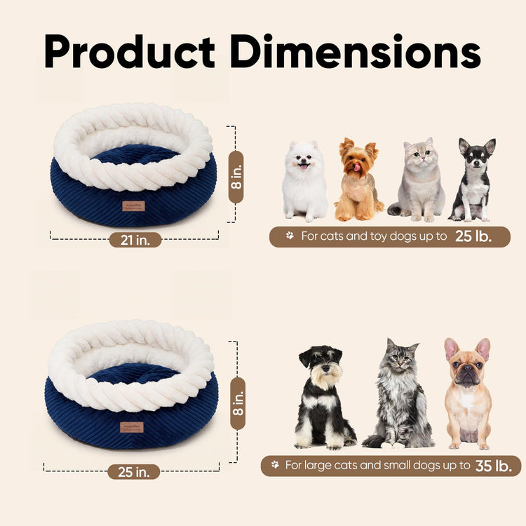 FUKUMARU Cat Bed, Calming Donut Dog Beds, Plush Faux Fur&Corduroy Kitten Beds, Cute Round Washable Pet Bed for Large Cats and Puppy, Cat Cave with Anti-Slip Bottom, 21inch, Camel