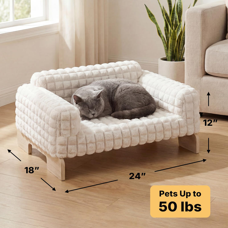 Veehoo Elevated Cat Bed Indoor, Wood Furniture Style Cat Couch Sofa with Removable Washable Cover, Cute & Fluffy Small Cats Bed Furniture for Home