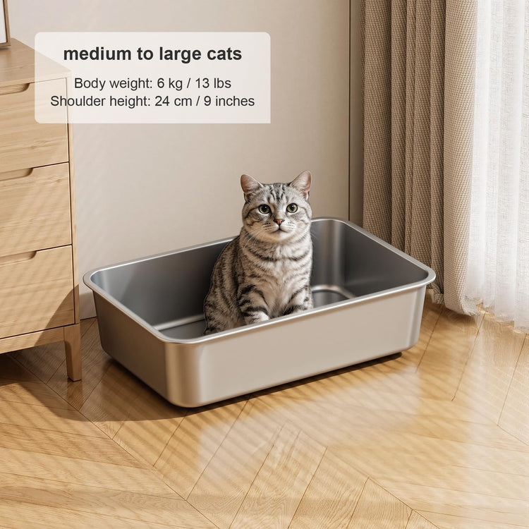 Stainless Steel Litter Box with High Sided, Metal Cat Litter Box, Odor-Free, Non-Stick Litterbox Pan, Easy to Clean Pet Supplies Toilet Tray for Indoor Cats, Kittens or Multicat Homes
