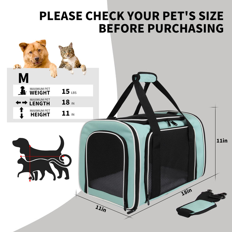 Cat Dog Carriers Soft-Sided, Pet Travel Carrier for Small Cats Dogs Under to15lbs, Soft-Solid Collapsible Carrier,(Medium,Green)