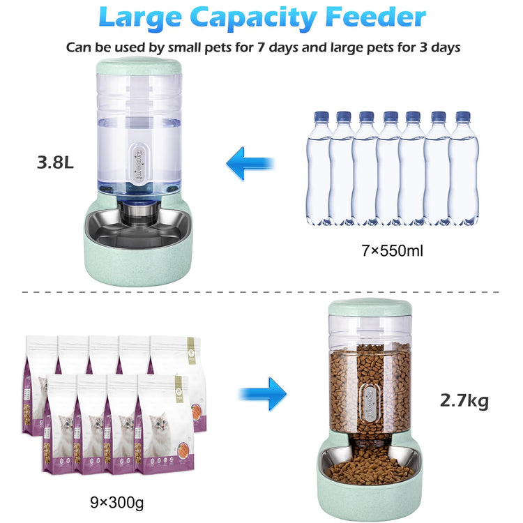 Kacoomi Automatic Dog Cat Feeder and Water Dispenser Gravity Food Feeder and Waterer Set with Pet Food Bowl for Small Medium Dog Puppy Kitten, Large Capacity 1 Gallon x 2