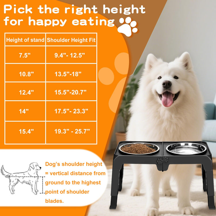 COMESOON Elevated Dog Bowls, 4 Height Adjustable Raised Bowl Stand with 2 Thick 50oz Stainless Steel Food Bowls Non-Slip Feeder Adjusts to 3.7'', 9.2'', 10.75'', 12.36'' Black, (DB-W01)