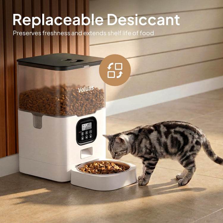 VOLUAS Automatic Cat Feeders - Timed Pet Feeder for Cats and Dogs with Dry Food Dispenser, Desiccant Bag, Programmable Portion Control, 4 Daily Meals, 10s Voice Recorder