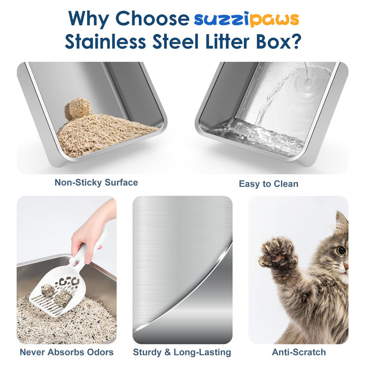 Extra Large Stainless Steel Litter Box with Lid, High Sides Enclosed Cat Litter Box for Big Cats & High Peeing, Anti-Leak & Odor Control Metal Litter Pan, Easy Clean Non-Stick Kitty Litter Box