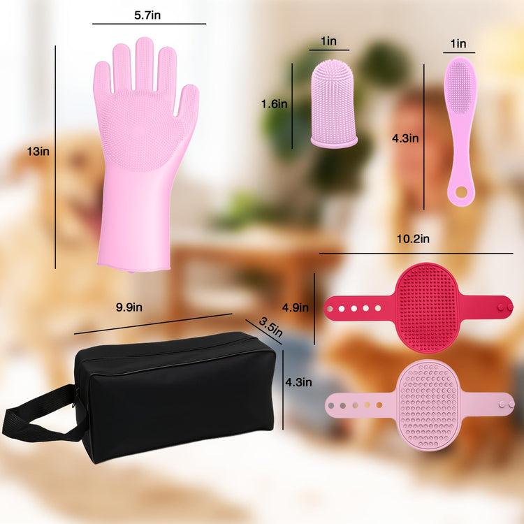 7PCS Pet Grooming Kit for Dogs and Cats，with Storage Bag & Includes Dog Washing Gloveswith High-Density Teeth, Adjustable Handle Dog Shampoo Brush, Dog Finger Toothbrush (Gray)