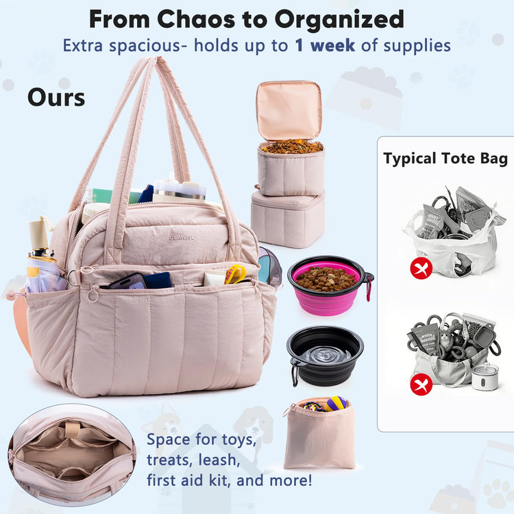 Dog Travel Bag for Supplies, Airline Approved Pet Travel Organizer with 2 Food Containers & Collapsible Bowls, Large Capacity Dogs Tote Bag for Weekend, Stylish Dog Mom Gift for Pet Lovers