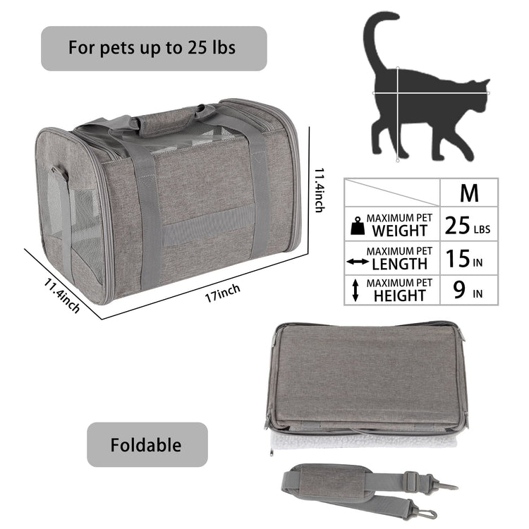 Cat Dog Carriers Soft-Sided Pet Carrier Large Cats for Medium Big Cat Small Dog Puppy up to 16lbs TSA Airline Approved Animal Collapsible Cat Carrier Carriers Travel Carrier Cat Bag (17x11x11)