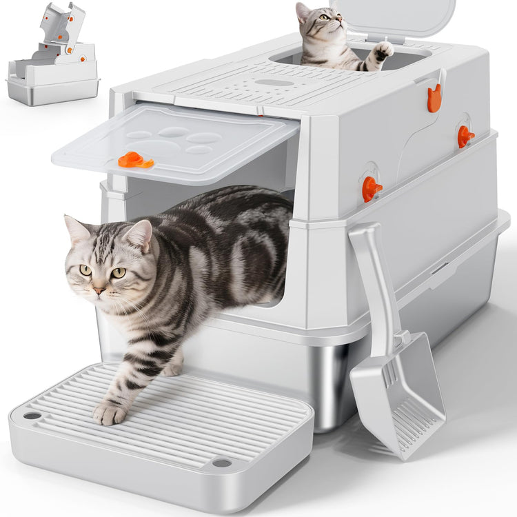FURTIME Stainless Steel Litter Box with Lid, Large Enclosed Cat Litter Box for Big Cats, Metal Cat Box with High Sided Enclosure & Scoop, Front & Top Entry, Odor Free, Anti-Leakage, Grey