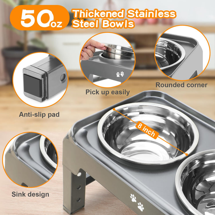 COMESOON Elevated Dog Bowls, 4 Height Adjustable Raised Bowl Stand with 2 Thick 50oz Stainless Steel Food Bowls Non-Slip Feeder Adjusts to 3.7'', 9.2'', 10.75'', 12.36'' Black, (DB-W01)