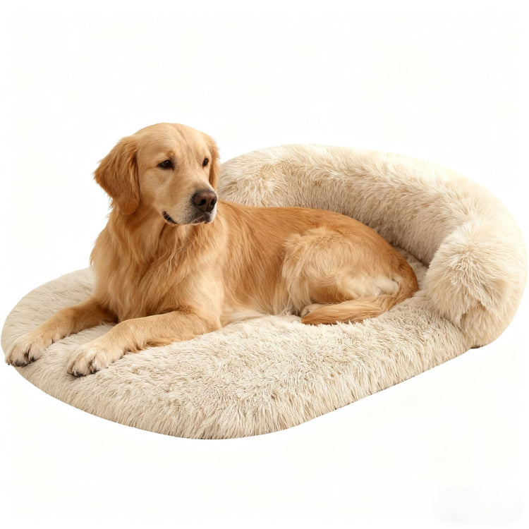 Orthopedic Dog Bed with Egg-Crate Base, Calming Dog & Cat Beds Long Plush with Raised Edges, Spine Friendly Pet Sleeping Mat for Small Medium Dogs, Machine Washable (Oval, Beige 26"x20")