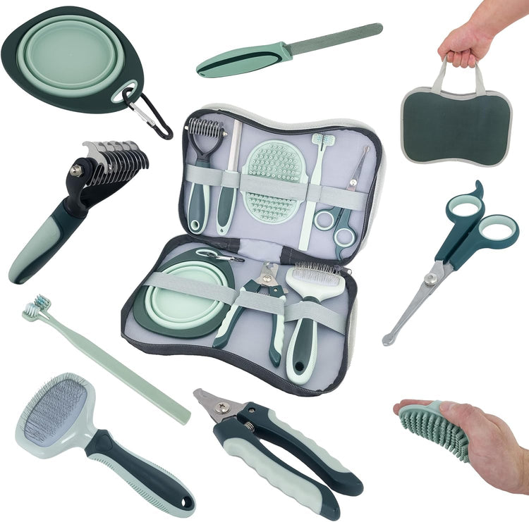 PetsBuzz 8 in 1 Pet Grooming Kit Brush, Cat Dog Grooming Kits at Home, Nail Clipper and File, Self Cleaning Deshedding Pet Brush,Undercoat Rake Detangler, Toothbrush, Collapsible dog Bowl