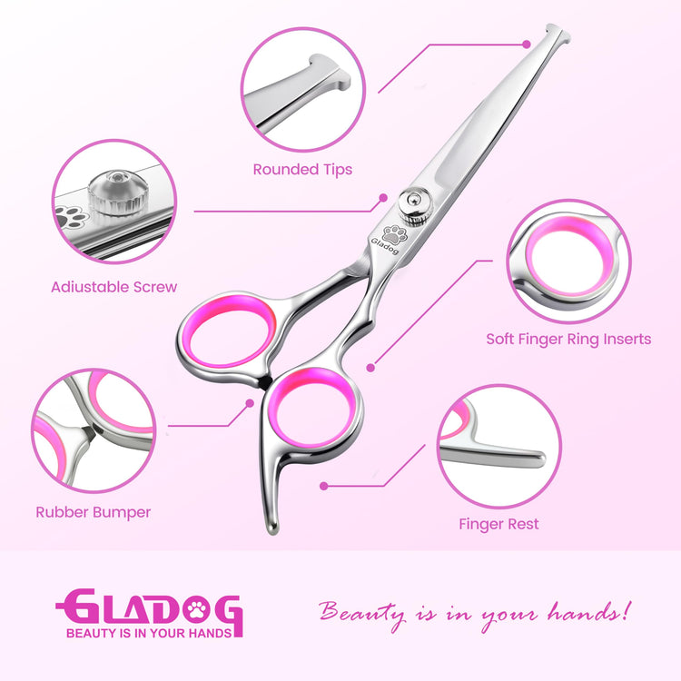 GLADOG Professional 5 in 1 Dog Grooming Scissors Set with Safety Round Tips, Sharp and Heavy-duty Pet Grooming Shears for Cats