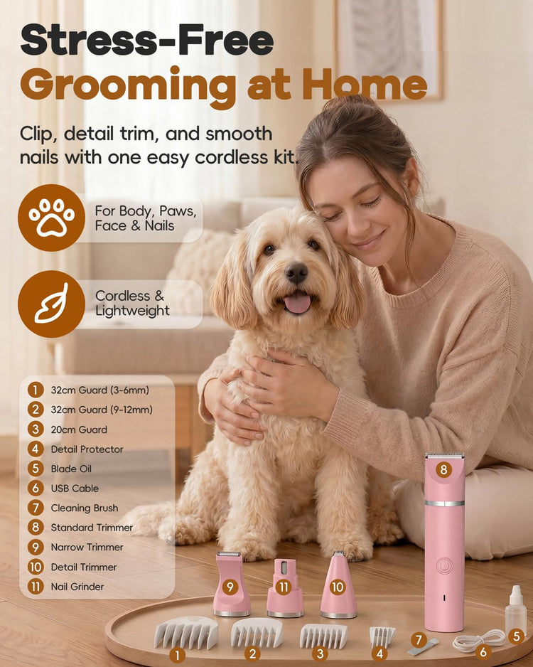 Veeconn Dog Clippers Grooming Kit Hair Clipper-Low Noise Paw Trimmer- Rechargeable - Cordless Quiet Nail Grinder Shaver for Cats and Other Pets