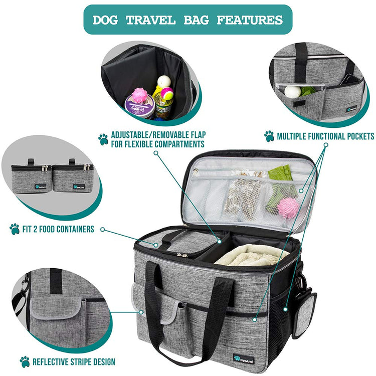 PetAmi Dog Travel Bag Organizer, Pet Travel Kit with 2 Food Containers & 2 Collapsible Dog Bowls, Pet Supplies Tote with Luggage Sleeve, Weekend Road Trip Camping Essentials, Dark Gray, Medium