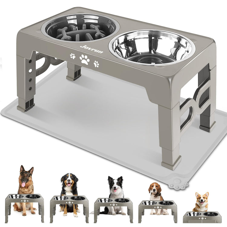 Jovrun Elevated Dog Bowls for Medium Large Size Dogs, Non-Slip Dog Feeder with 1*Stainless Steel Dishes & 1*Slow Feeder Bowl, 5 Heights Adjustable Raised Bowls to 3.15″-8.66″-9.84″-11.02″-12.2″