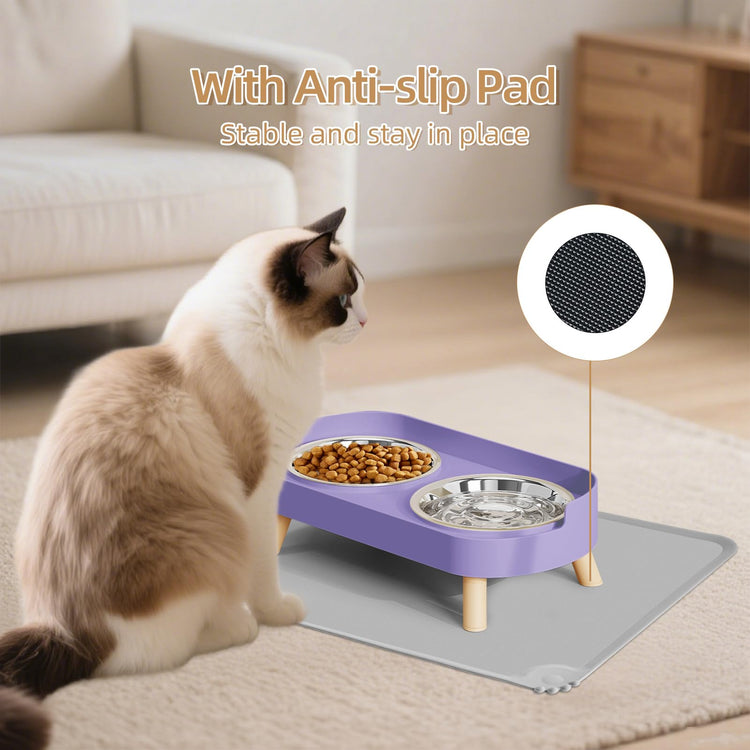 Elevated Cat Bowl, Raised Cat Food and Water Bowl Set for Indoor Cats, Splash Proof with 2 Stainless Steel Pet Food Bowls for Cats and Puppies, Whisker Fatigue and Dishwasher Safe - White