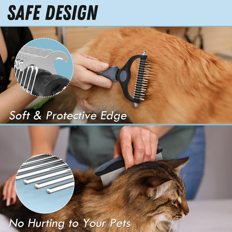 Docrok Pet Grooming Combo - Blue Deshedding Brush with Metal Comb for Detangling and Dematting Long, Matted Fur on Cats and Dogs