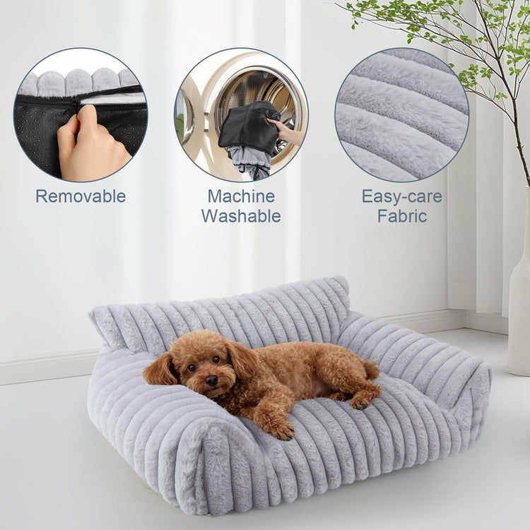 Cute Cat Couch Bed for Indoor Cats, Fluffy Pet Cat Sofa with Premium Soft Corduroy Fleece, Cute Small Dog Beds for Small Dogs, Fuzzy Puppy Chair with Removable Washable Cover (24x18x10,Grey)