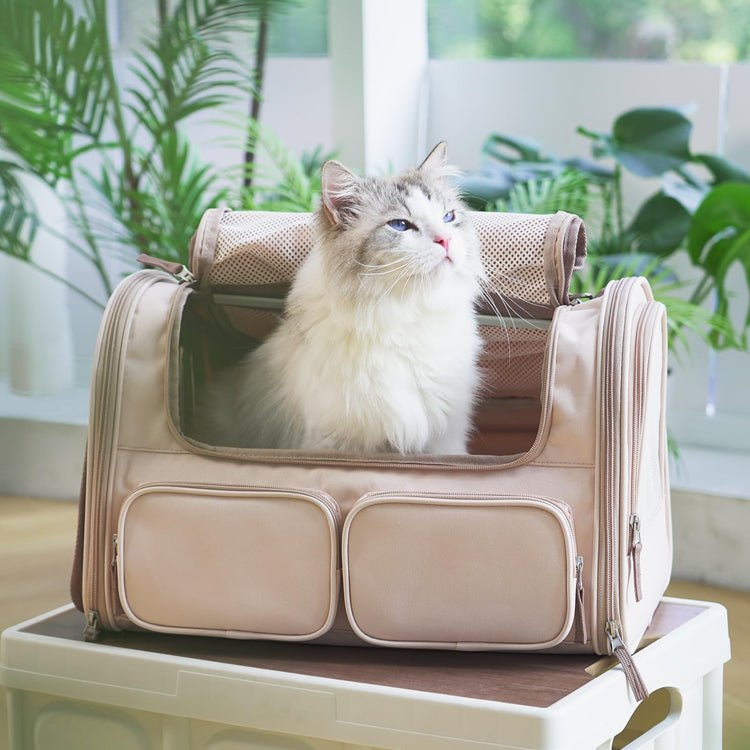 FUKUMARU Cat Carrier, Soft-Sided Small Dog Carrier, Large Cat Travel Bag with 4 Mesh Windows, Under 15 lb Airline Approved Pet Carrier with 4 Storage Pockets, Rollable Cover for Nervous Cats, Grey