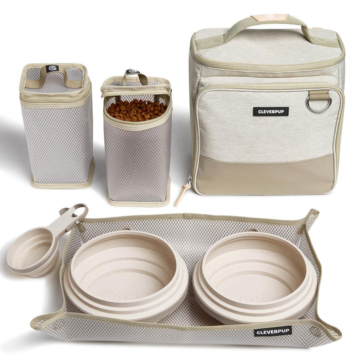 Cleverpup, Large 7-Piece Bistro Box Dog Food Travel Kit, 12-Cup Kibble Storage, 2 Silicone Bowls, Mat & Scoop - Premium Portable Pet Food Kit for Weekends, Overnights, Daycare & Camping, Checkerboard