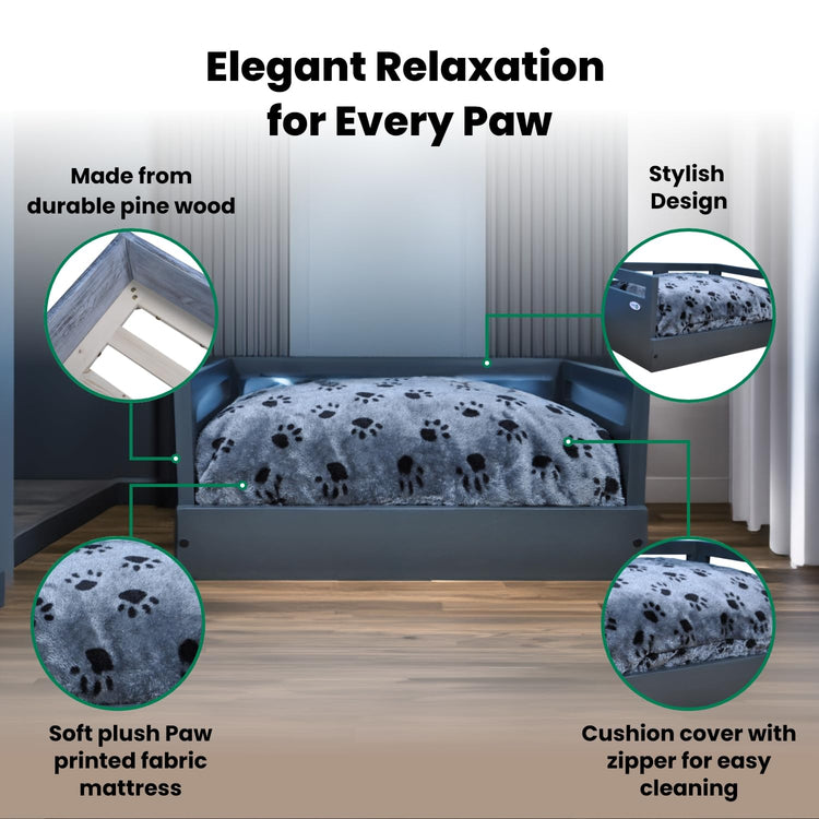 Iconic Pet Sassy Paws Wooden Pet Bed with Paw Printed Comfy Cushion for Dogs & Cats in Varying Sizes & Colors, Small-Rustic Brown
