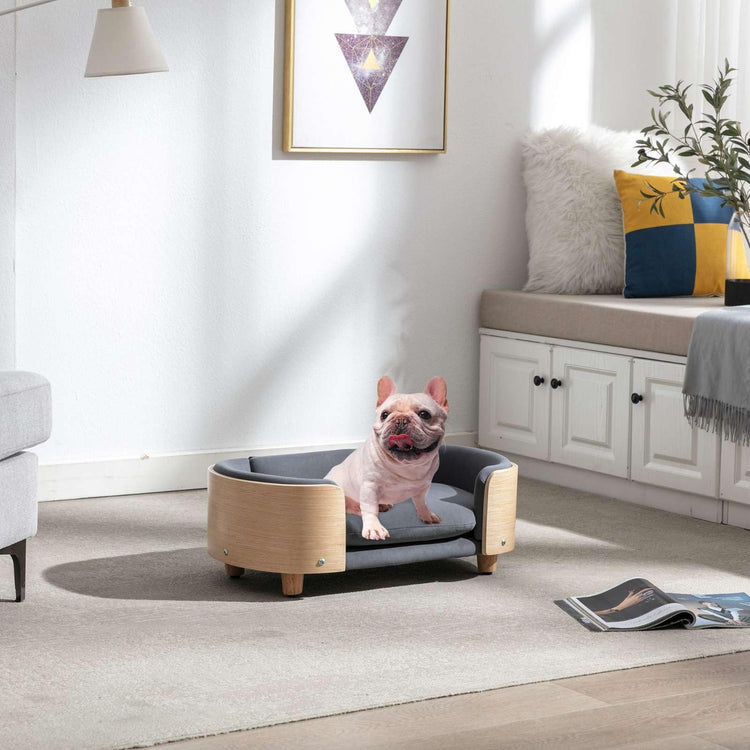 Velvet Dog Bed Pet Sofa with Solid Wood Legs and Bent Wood Back, Stain-Resistant Cushion in Multiple Colors - Luxury Pet Furniture for Cats and Dogs, Dark Grey