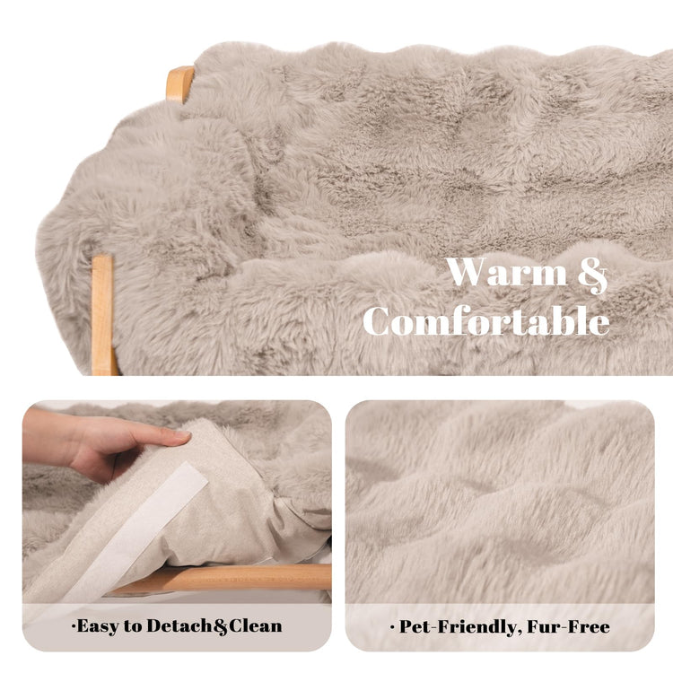 CHEERHOME PETS Elevated Cat Couch Bed for Indoor Cats, Wooden Cat Sofa with Removable Washable Fluffy Cover Raised Kitty Lounge Chair Suitable for Puppy(Cat Sofa Off-White)