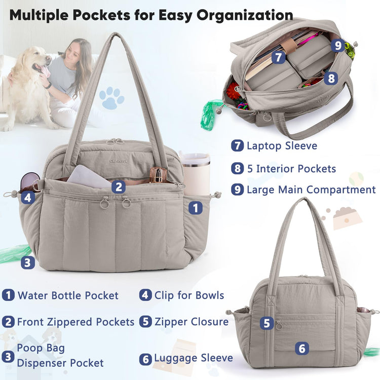 Dog Travel Bag for Supplies, Airline Approved Pet Travel Organizer with 2 Food Containers & Collapsible Bowls, Large Capacity Dogs Tote Bag for Weekend, Stylish Dog Mom Gift for Pet Lovers