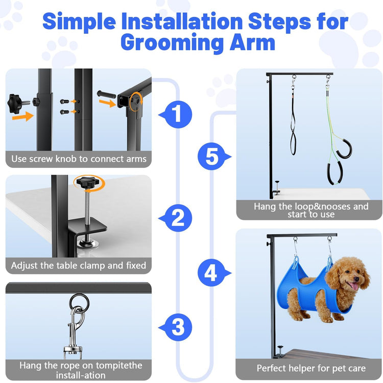 Dog Grooming Arm with Hammock, Adjustable 26"-38" Foldable Grooming Table Arm with Clamp & 2 No-Sit Holders, Heavy Duty for Small & Medium Dogs, Includes Nail Clippers (Table Not Included)