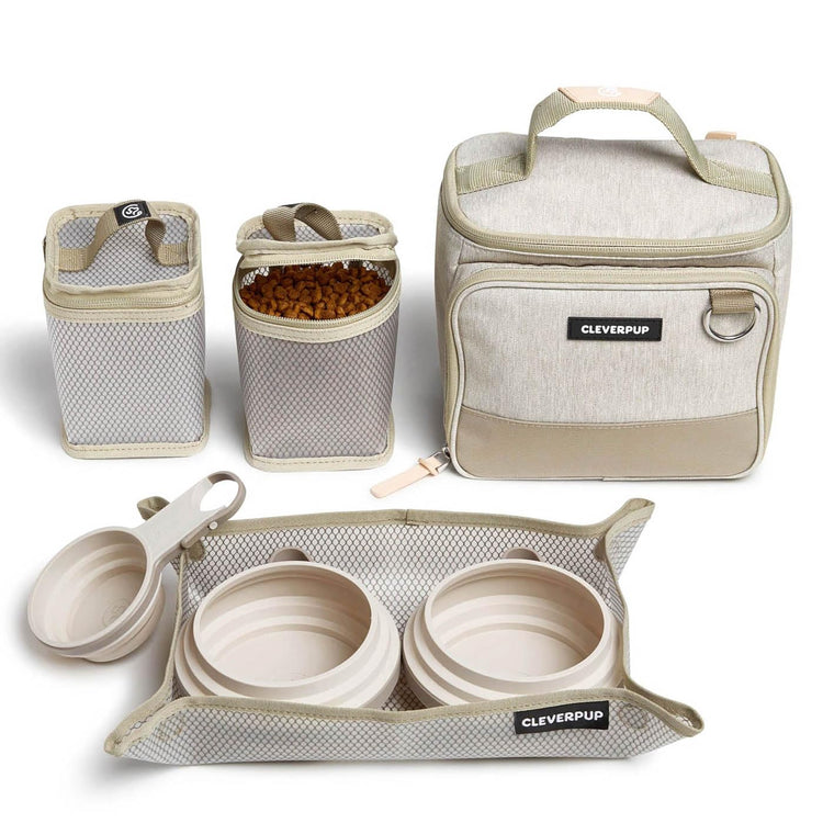 Cleverpup, Large 7-Piece Bistro Box Dog Food Travel Kit, 12-Cup Kibble Storage, 2 Silicone Bowls, Mat & Scoop - Premium Portable Pet Food Kit for Weekends, Overnights, Daycare & Camping, Checkerboard