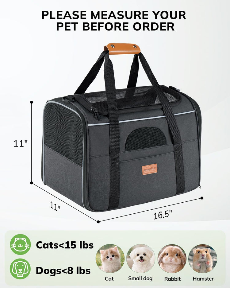 Morpilot Pet Carrier for Large Cats, Puppies & Small Dogs Up to 25lbs, Escape-Proof with Locking Zippers, Dual-Sided Cushion, Safety Buckle for Car & Vet Travel, Includes Foldable Bowl (Dark Gray)
